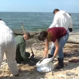 Video | Russen ruimen aangespoelde olie op na Oekraïense aanvallen in Zee van Azov